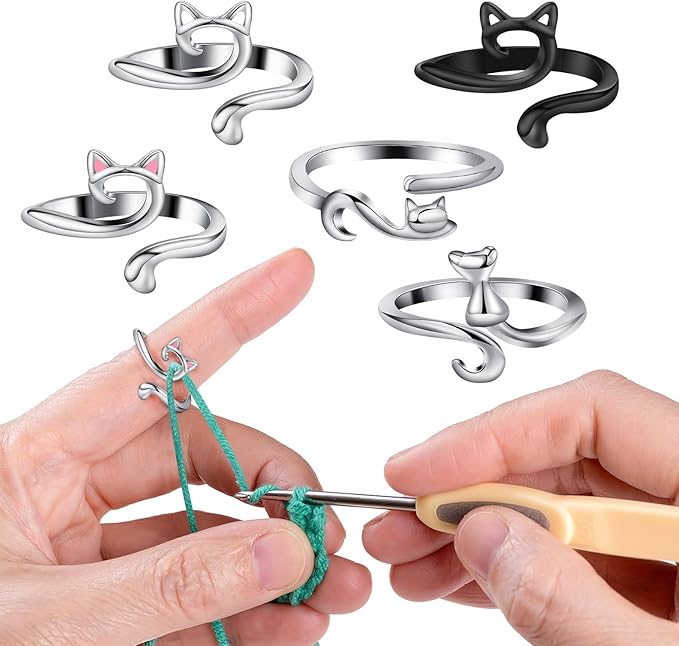 MARFOREVER 5 Pcs Crochet Rings Cat Crochet Tension Ring, Adjustable Crochet Tension Loops for Fingers Yarn Guide Knitting Crochet Accessories with Box for Mom Grandma Women