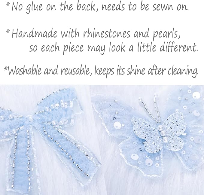 12 Pieces 3D Flower Lace Embroidery Butterflies Appliques Pearl Patches for Repairing and Decorating, Sewing Craft Clothing Jeans Jackets Bags (Light Blue)