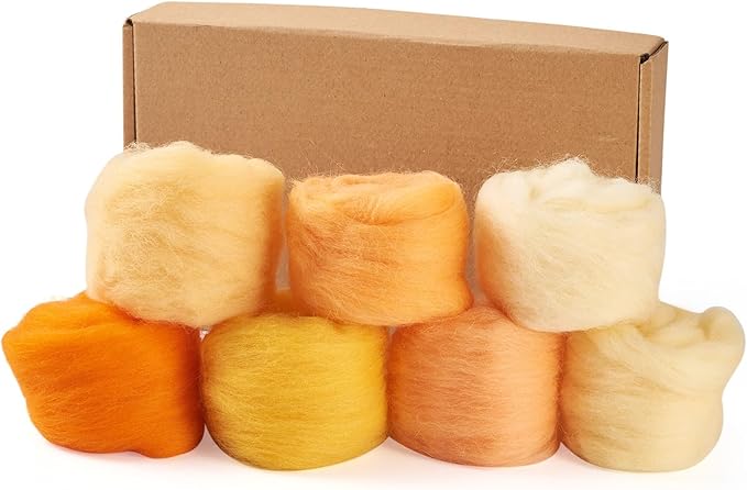 FASHEWELRY 1.2 OZ Wool Felting Kit 7 Set 7 Colors Orange Theme Needle Felting Wool Roving Nature Wool Roving for Needle Felting Wet Felting DIY Hand Spinning