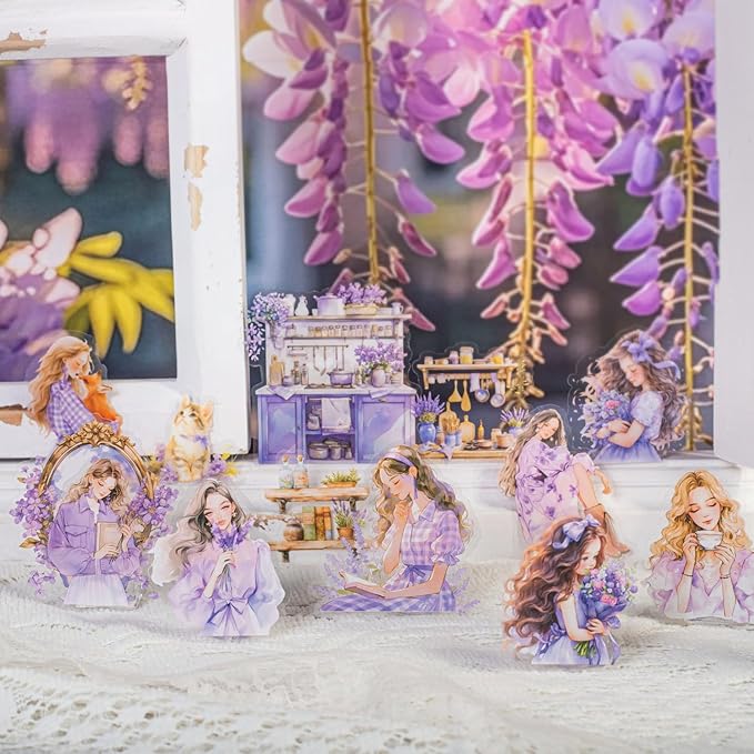 TIAMECH Violet Garden PET Stickers - 80 Pcs Vine Fairy Scenery Courtyard Violet Girl Design, Waterproof Sticker for Journaling & Scrapbooking, Junk Journal Supplies, Ephemera & DIY Crafts