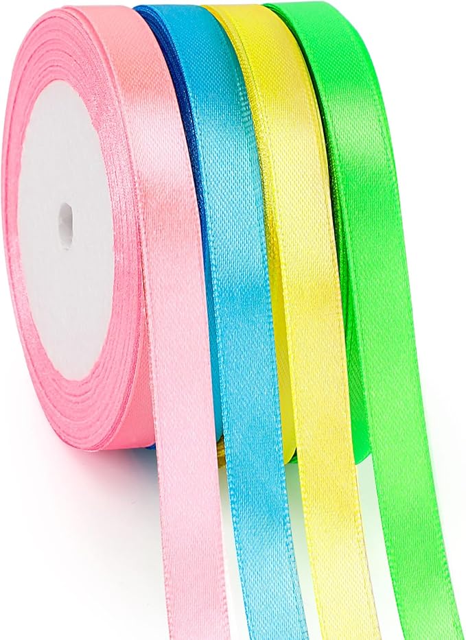 DECYOOL Easter Ribbon, 4 Rolls 100 Yards Satin Ribbons 10mm Wide Spring Colorful Craft Ribbon for Gift Wrapping Parties, Pink, Blue, Yellow, Green