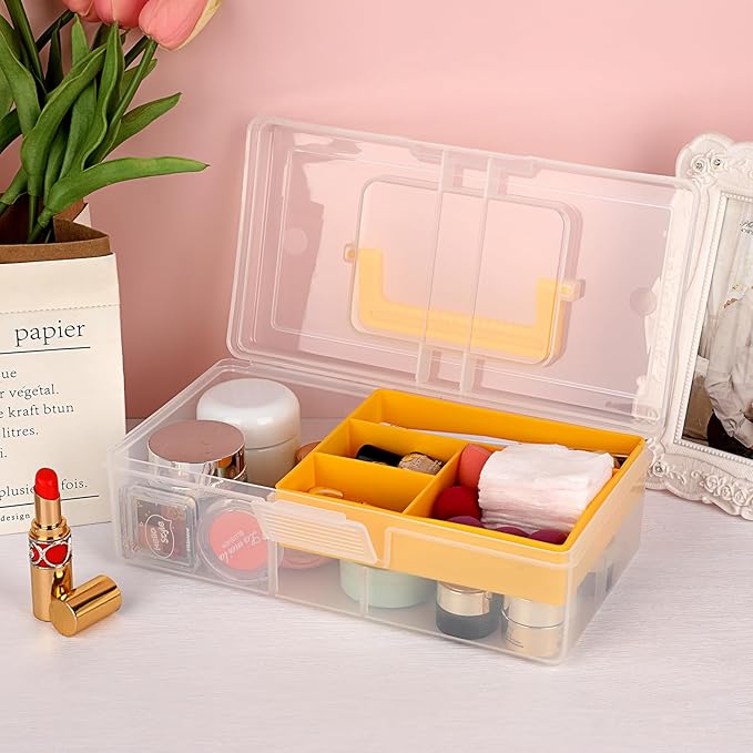 JUXYES Plastic Carry Storage Box with Removable Dividers, Clear Art Craft Supply Storage Bin Sewing Box With Handle Lid, 2 Layers Stationery Storage Case for School/Office Supplies