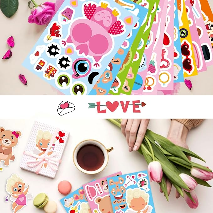 36 Sheets Valentine's Day Stickers for Kids, Make a Face Sticker Make Your Own Animal with Heart Mix Stickers Valentine's Day Activities Party Favors
