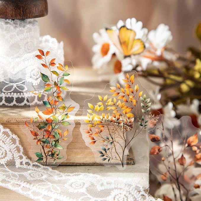 TIAMECH Branch Gossip PET Stickers - 120 Pcs Spring Bloom Flower & Brocade Leaves Beauty Design, Waterproof Sticker for Journaling & Scrapbooking, Junk Journal Supplies, Ephemera & DIY Crafts