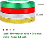 DECYOOL 4 Rolls 100 Yards Christmas Ribbons Metallic Glitter Fabric Holiday Festival Satin Ribbons 10mm Wide for Gift Wrapping Decoration