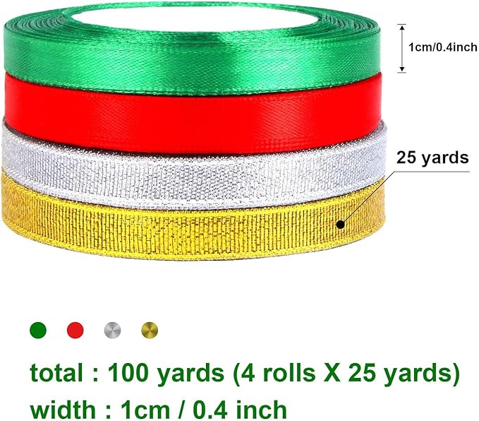 DECYOOL 4 Rolls 100 Yards Christmas Ribbons Metallic Glitter Fabric Holiday Festival Satin Ribbons 10mm Wide for Gift Wrapping Decoration