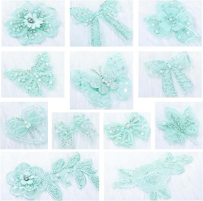 12 Pieces 3D Flower Lace Embroidery Butterflies Appliques Pearl Patches for Repairing and Decorating, Sewing Craft Clothing Jeans Jackets Bags (Green)