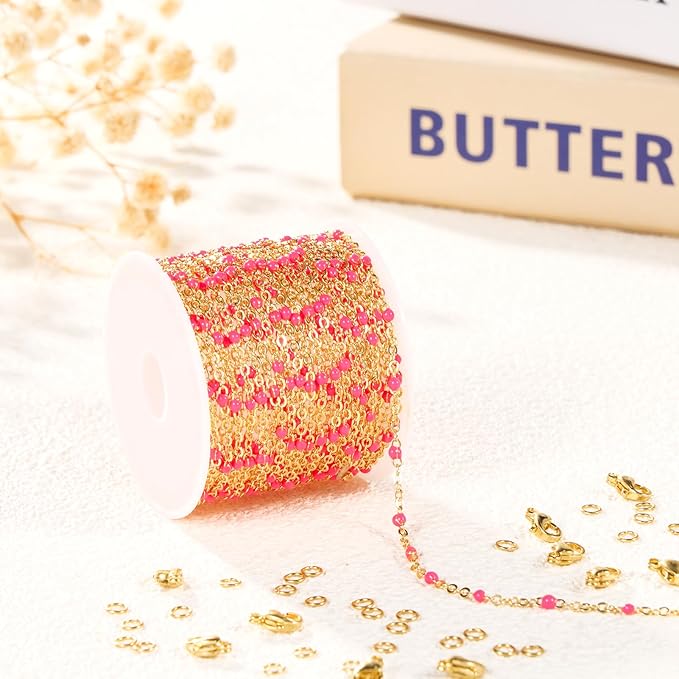 16.4 Feet Gold Plated Chains for Jewelry Making Rose Beaded Stainless Steel Chain Spool Cross Cable Link Chains Bulk with Lobster Clasps and Jump Rings