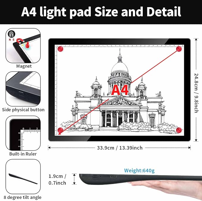 Rechargeable A4 Light Box for tracing with Padded case,Magnetic Light pad Built-in 2500mAH Battery,5 Levels of Brightness Light Table,Portable Light Board for Diamond Painting Drawing,Sketching,X-ray