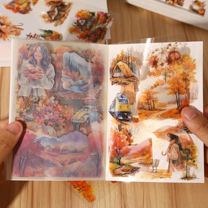Fall Landscape Pre-Cut Autumn Journal Sticker Book, Transparent PET Watercolor Scrapbook Stickers for Junk Journaling Supplies, Scrapbooking, Collage, Bujo, 20 Sheets
