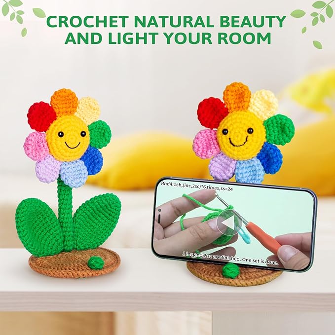 Crochetta Crochet Kit for Beginners, Crochet Kit w Step-by-Step Video Tutorials, Crochet Starter Kit Learn to Crochet Kits for Adults Kids Beginners, 2 Sunflower Phone Holders (40%+ Yarn Content)