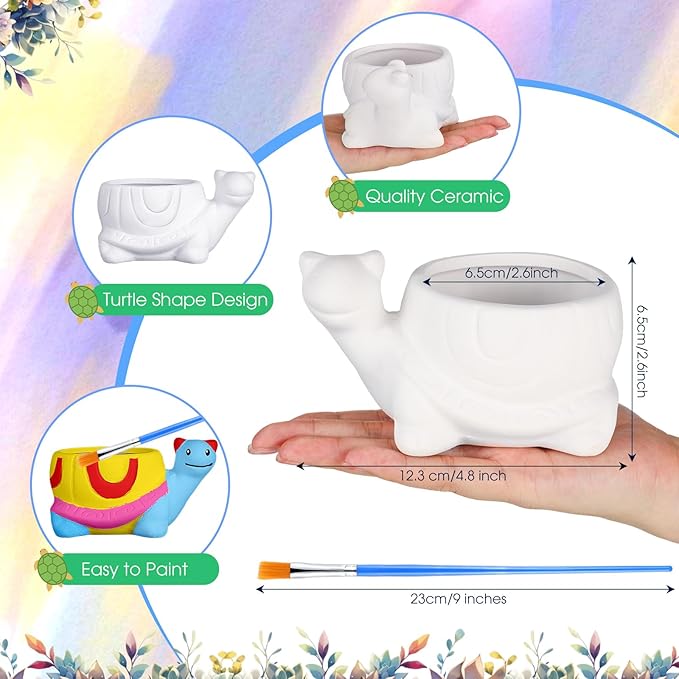 Pasimy 6 Set DIY Ceramic Succulent Planter Pots Paint Your Own Flower Pots Craft Kit Unpainted Bisque Paintable Flowerpot with Brush Palette Ready to Paint for Family Activity Gift(Turtle)