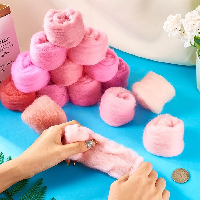 FASHEWELRY 2.6 OZ Wool Felting Set for DIY Craft, Pastel Nature Wool Roving Needle Felting Wool Roving for Needle Felting Wet Felting DIY Hand Spinning (15 Colors)