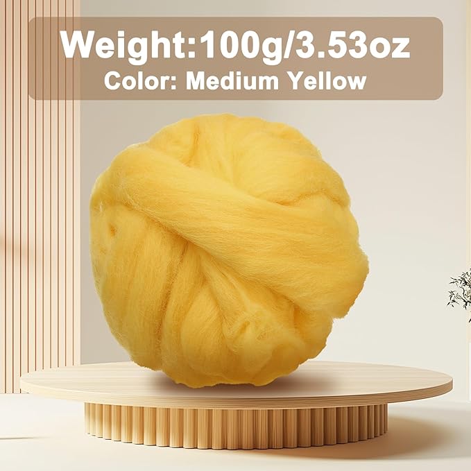 uxcell 3.53oz Wool Roving Yarn, Needle Felting Wool Fiber DIY Craft Needle Wet Felting Supplies for Blending Weaving Handcrafts, Medium Yellow