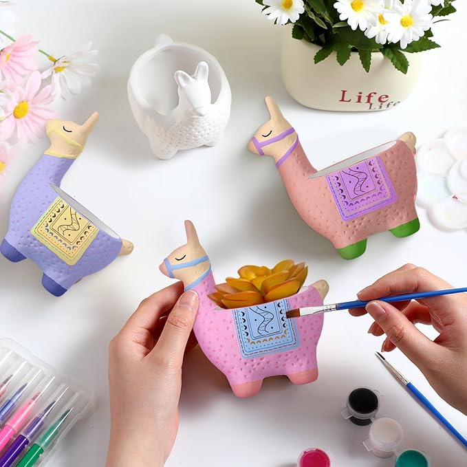 Pasimy 6 Set DIY Ceramic Succulent Planter Pots Paint Your Own Flower Pots Craft Kit Unpainted Bisque Paintable Flowerpot with Brush Palette Ready to Paint for Family Activity Gift(Alpaca)