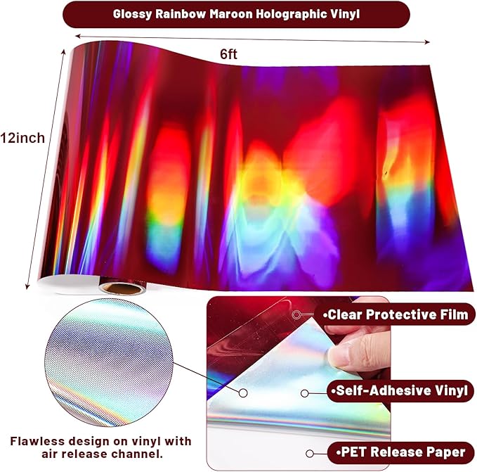 GIRAFVINYL Maroon Holographic Vinyl Rainbow Maroon Vinyl Permanent - 12" X 6 ft Glossy Burgundy Viny1 for Cups, Stickers, Logos, Labels
