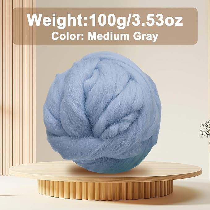 uxcell 3.53oz Wool Roving Yarn, Needle Felting Wool Fiber DIY Craft Needle Wet Felting Supplies for Blending Weaving Handcrafts, Medium Gray