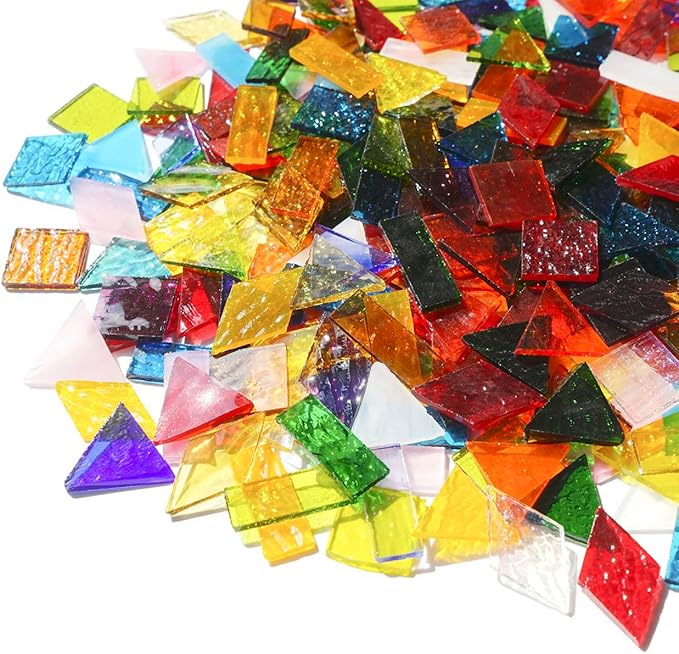Lanyani Extra Large Size Transparent Textured Stained Glass Mosaic Tiles for DIY Craft, Colorful Bright Cathedral Glass Tile for Mosaic, 4-Shapes Mixed Mosaic Pieces Bulk Arts,1.3 Pound/200 Pieces