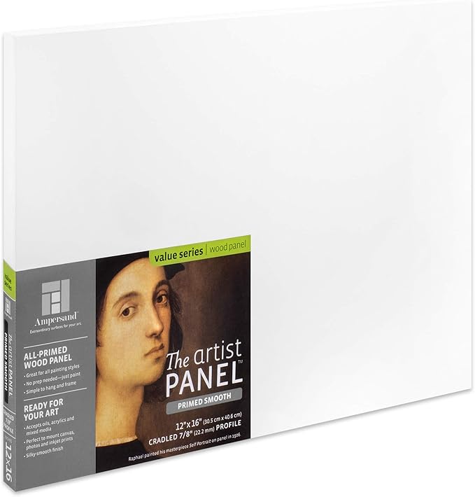 Ampersand Art Supply Wood Gesso Artist Painting Panel: Primed Smooth, 12" x 16", 7/8" Cradled Profile