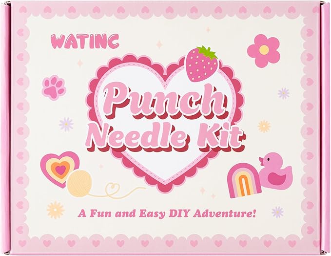 WATINC Christmas Punch Needle Coaster Kits - 23Pcs Easy Art Work Decor Craft Supply for Beginners, DIY Set of 6 Pattern Tufted Pads with Adhesive Felt Yarns Tools Instruction Customized Boxes (Pink)