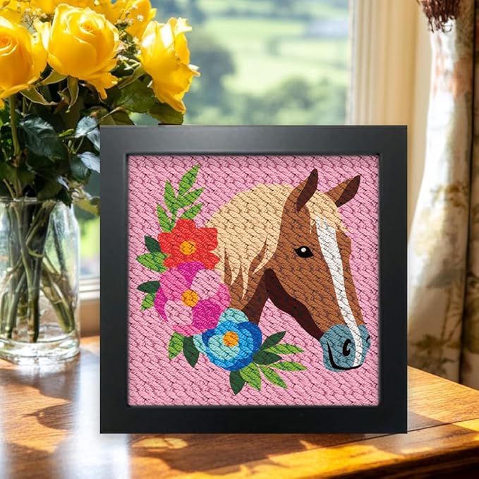 ACRNIGHEET 2Pcs Horse Punch Needle Kits for Adults Beginners, Include Instructions, Punch Needle Embroidery Kit, Pre-Printed Horse and Flower Pattern, Frame, Yarns, Sewing Needles, Exquisite Gifts