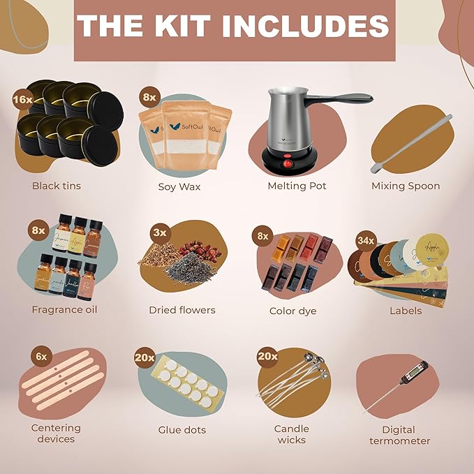 SoftOwl Premium Soy Candle Making Kit - Black Edition - Full Set with Electric Melter - Soy Wax, Big 16 Tins, 8 Pleasant Scents, 8x2 Color Dyes & More - Perfect as Home Decorations