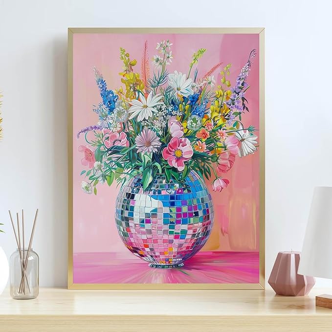 Lzyueyuan Flowers Stamped Cross Stitch Kits for Adults Beginner, Disco Ball Cross Stitch Ornament Kits Counted Embroidery Needlepoint Kits Home Decor 11.8X15.7inch