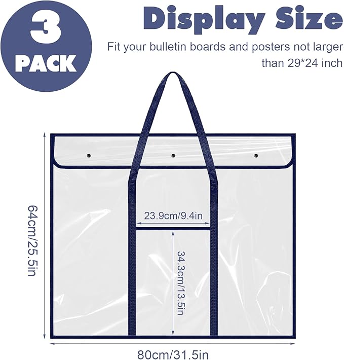 3 Pack Large Poster Storage Bag, 25.5" x 31.5" Bulletin Board Holder Art Portfolio Case PVC Art Portfolio Container Bulletin Board Storage Box with Pocket for Classroom Teacher Organization (Blue/Blac