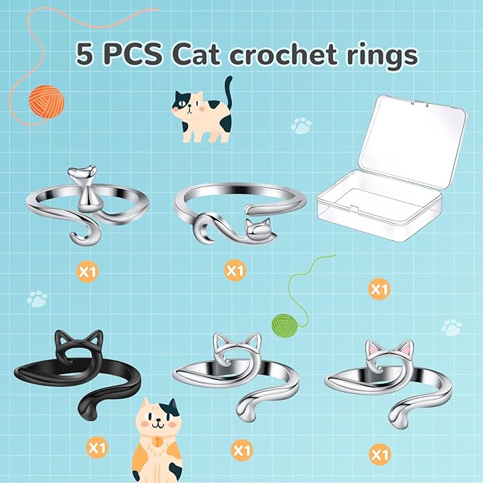 MARFOREVER 5 Pcs Crochet Rings Cat Crochet Tension Ring, Adjustable Crochet Tension Loops for Fingers Yarn Guide Knitting Crochet Accessories with Box for Mom Grandma Women