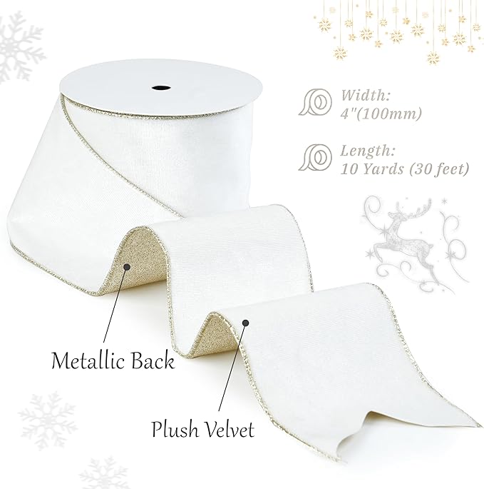 White Velvet Wired Ribbon with Glitter Back 4 Inch White and Gold Christmas Ribbon Wired Ribbon for Christmas Tree, Gift Wrapping, Mantel, Wreaths Supplies, Topper Bows (10 Yards)