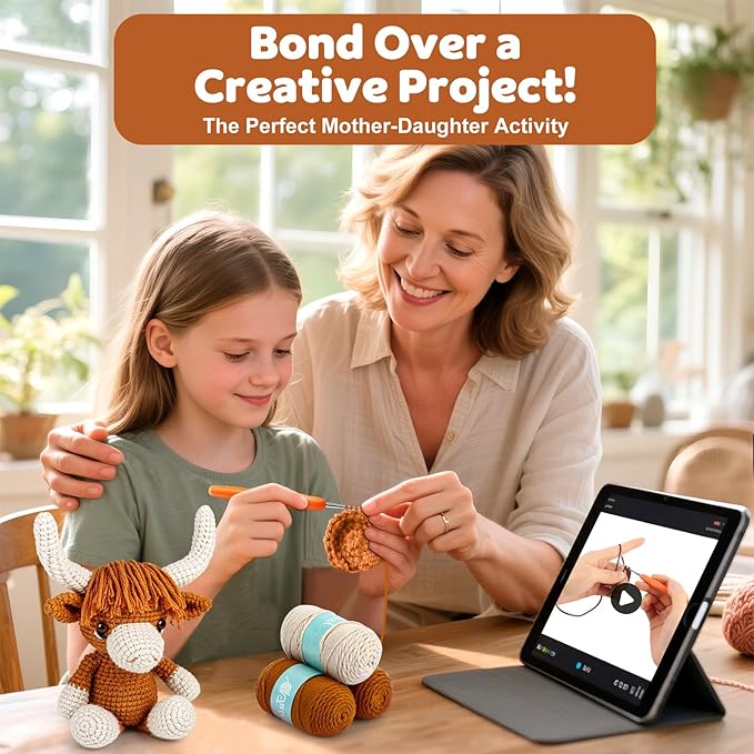 Faircosy Learn to Crochet Beginner Kit: All in One Highland Cow Crochet DIY Kit with Yarn, Crochet Hooks, Video Guide - Make Adorable Cow for Women, Teens & Adults - Great Learning Craft Gift