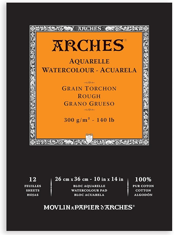Arches Aquarelle Watercolor Pad, Rough, 140lb/300gsm, 12 Sheet, 10x14 inch, Watercolor Paper 100% Cotton