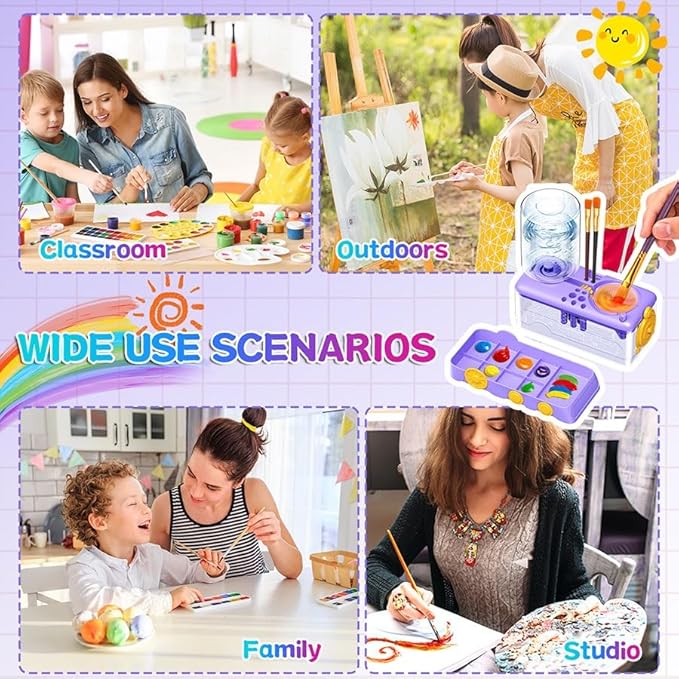 Paint Brush Cleaner with Paint Tray, Water Circulation Brush Rinser with Brush Holder, Watercolor/Oil and Water-Based Paint Brush Cleaner Tool, 400ml Capacity, Train Design, Gift for Artist Beginners