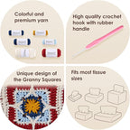 Noocro Crochet Kit Granny Square Tissue Holder, Complete DIY Kit with Detailed Instructions, Video Tutorials, for Beginners or Intermediate and Advanced Crocheters