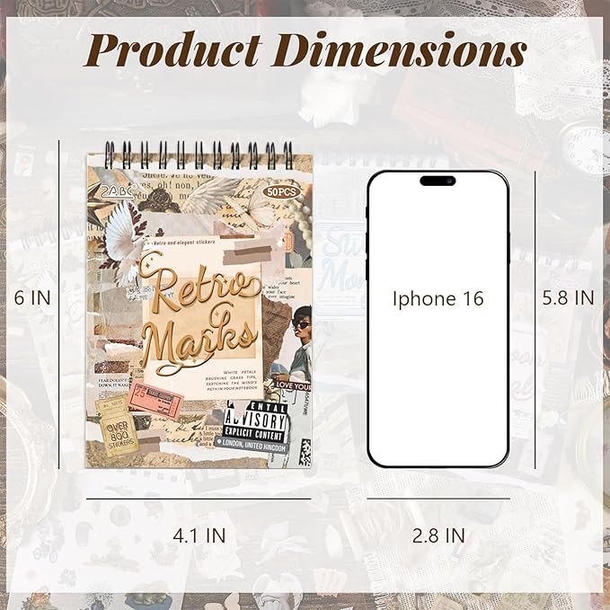 WCCH Vintage Scrapbook Sticker Supplies, 25 Sheets PET and 25 Sheets Washi Stickers, Over 800 Self-Adhesive Pre-Cut Stickers for Junk Journal, Bujo, Collage, Adult Crafts Arts, Letters DIY