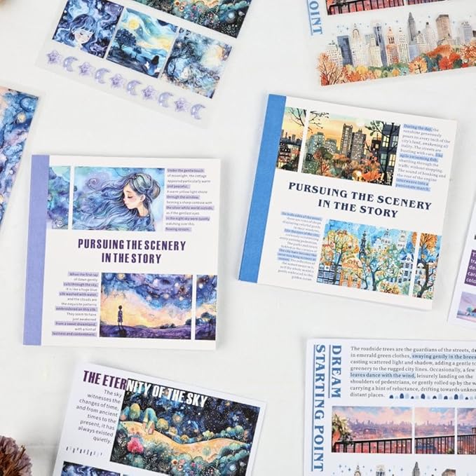 40 Sheets Pre-Cut PET Washi Sticker Books for Journaling, 2Pack Watercolor City and Night Sky Themes, Scrap Book Stickers for Scrapbooking, Junk Journal Supplies, Aesthetic Collage