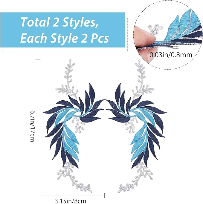 GORGECRAFT 2 Pairs 4PCS Embroidered Patches Iron Leaf Flowers Lace Applique Flowers Nature Patches Suitable for Clothes Dress Hat Pants Sewing Craft Decoration(Dodger Blue)
