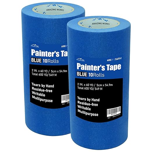 10 Rolls Painters Tape 2 inch Wide, General Purpose Blue Painters Tape, 2 Inches X 60 Yards Blue Masking Tape for Indoor and Outdoor Use, Protects Surfaces and Removes Easily, 600 Yards in Total