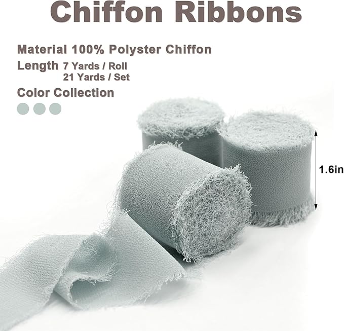 3 Rolls Light Gray Handmade Fringe Chiffon Ribbon 1.5" x 7Yd Silk-Like Colorful Rustic Ribbon for Bouquets Wrapping Decor Wedding Tie Invitations Crafts