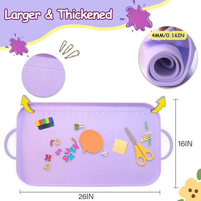 Silicone Craft Station Mat for Kids, Large Silicone Art Mat With Handle, Raised Edges for Painting, Jewelry-Making & Crafts - 26x16in,Purple