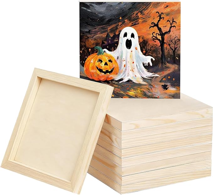 8 Pack 8 x 8 inch Wood Panel Boards,Unfinished Wood Frames for DIY Art Projects, Square Canvas for Painting, Pouring, Arts Use with Oils, Fall Halloween Decorations Panel Canvas