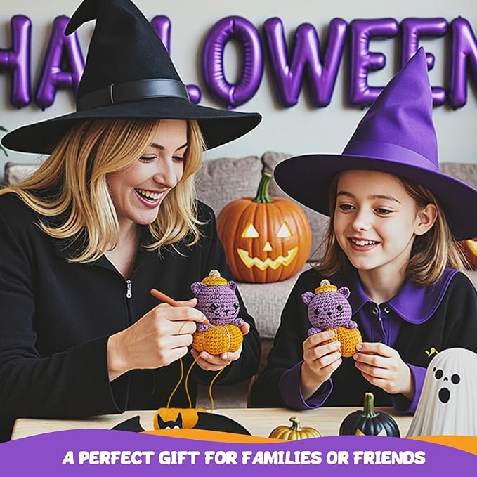 POP COCHE Halloween Crochet Kit for Beginners, Crochet Starter Kits for Adults, Amigurumi Craft Knitting Crochet Animal Kit with Step-by-Step Video Tutorials, Pumpkin Cat (40%+ Yarn)