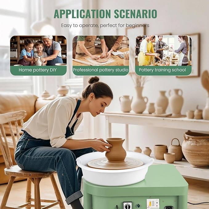 Huanyu Pottery Wheel Machine with 12" Bat System Foot Pedal Control Multiple Art DIY Sculpting Tool Kit Ceramic Wheel Clay Machine for Adult (Green)