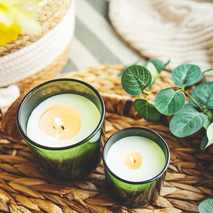 8 OZ Thick Candle Jars for Making Candles 15 Pcs, Green Empty Jars with Wood Lids for Candle Making, Sample Container,Clear Green