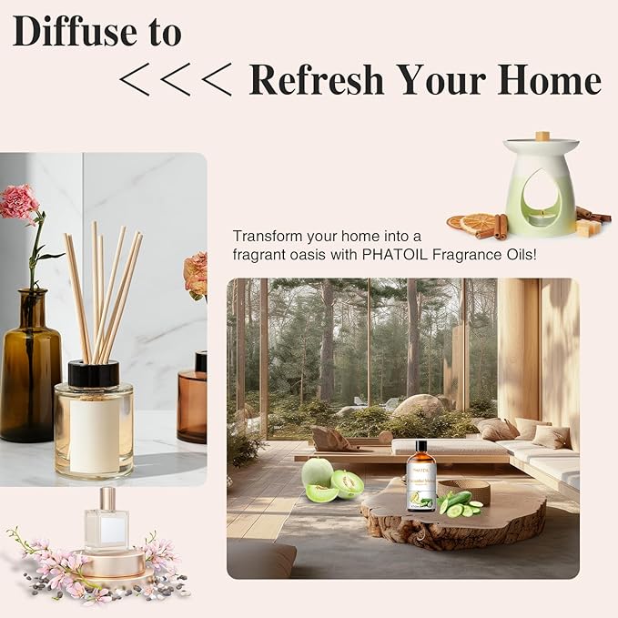 PHATOIL Cucumber Melon Fragrance Oils for Aromatherapy, 3.38FL.OZ Diffuser Oils for Home, Perfect for Aromatherapy, Humidifiers, Yoga, DIY Candle and Soap Making - 100ml