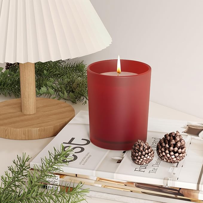 10 OZ Thick Candle Jars for Making Candles 15 Pcs, Empty Jars with Wood Lids for Candle Making, Sample Container, Frosted Red