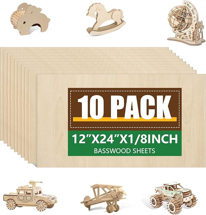 10 Pack Basswood Sheets 1/8x12x24 Inch, Unfinished Wood for Crafts, 3mm Basswood for Laser Cutting & Engraving, Wood Burining,Architectural Models, Wood Board for Painting.