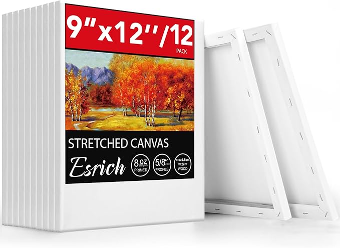 ESRICH Stretched Canvas for Painting, 12 Pack 9x12 Inch Canvas Value Pack,Primed Acid-Free Cotton Blank Canvases, Painting Canvas for Oil & Acrylic Paint.