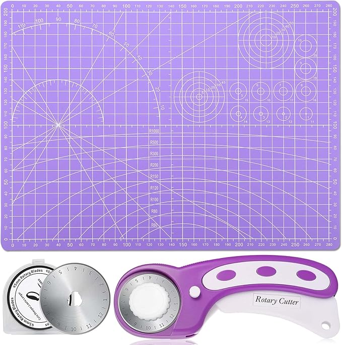 Rotary Fabric Cutter and Mat Set, Audab Self Healing Sewing Mats Shirt Cutter 45mm Rotary Cutting Wheel with Fabric Tool Blades for Cloth Crafts Quilting Scrapbooking Hobby (A4 9" x 12" Purple)