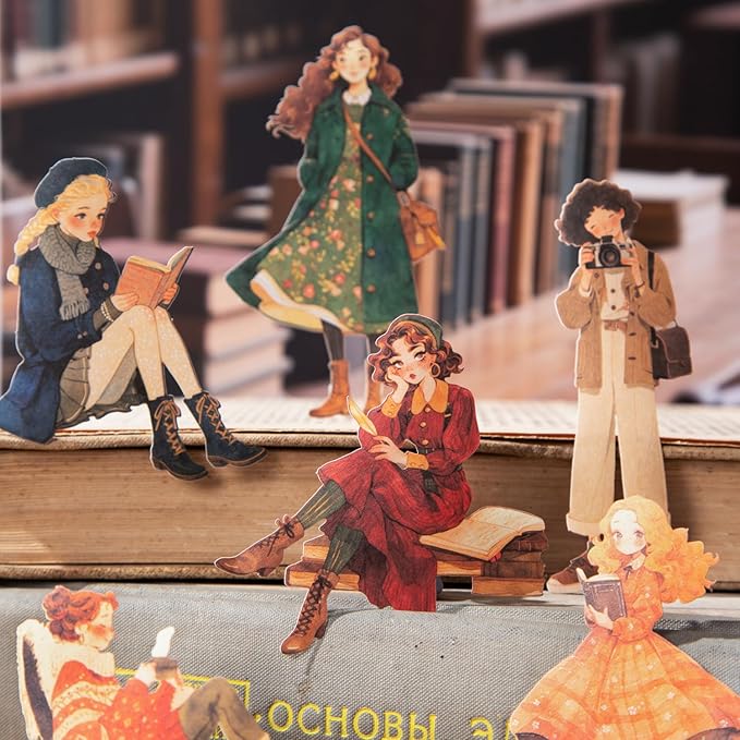 TIAMECH Library Girl Kraft Paper Stickers - 90 Pcs Reading Books Design, Sticker for Journaling & Scrapbooking, Junk Journal Supplies, Ephemera & DIY Crafts